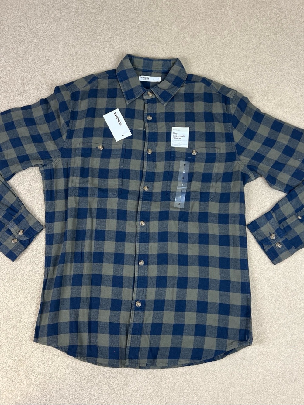 Sonoma The Supersoft Flannel Shirt. 100% Cotton, Plaid. Green. Men's Sz Small